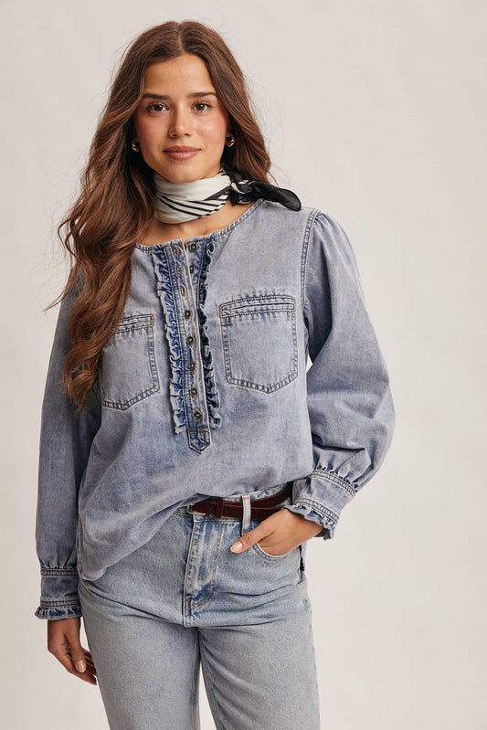 Ruffle Trim Denim Blouse:Cloud Wash