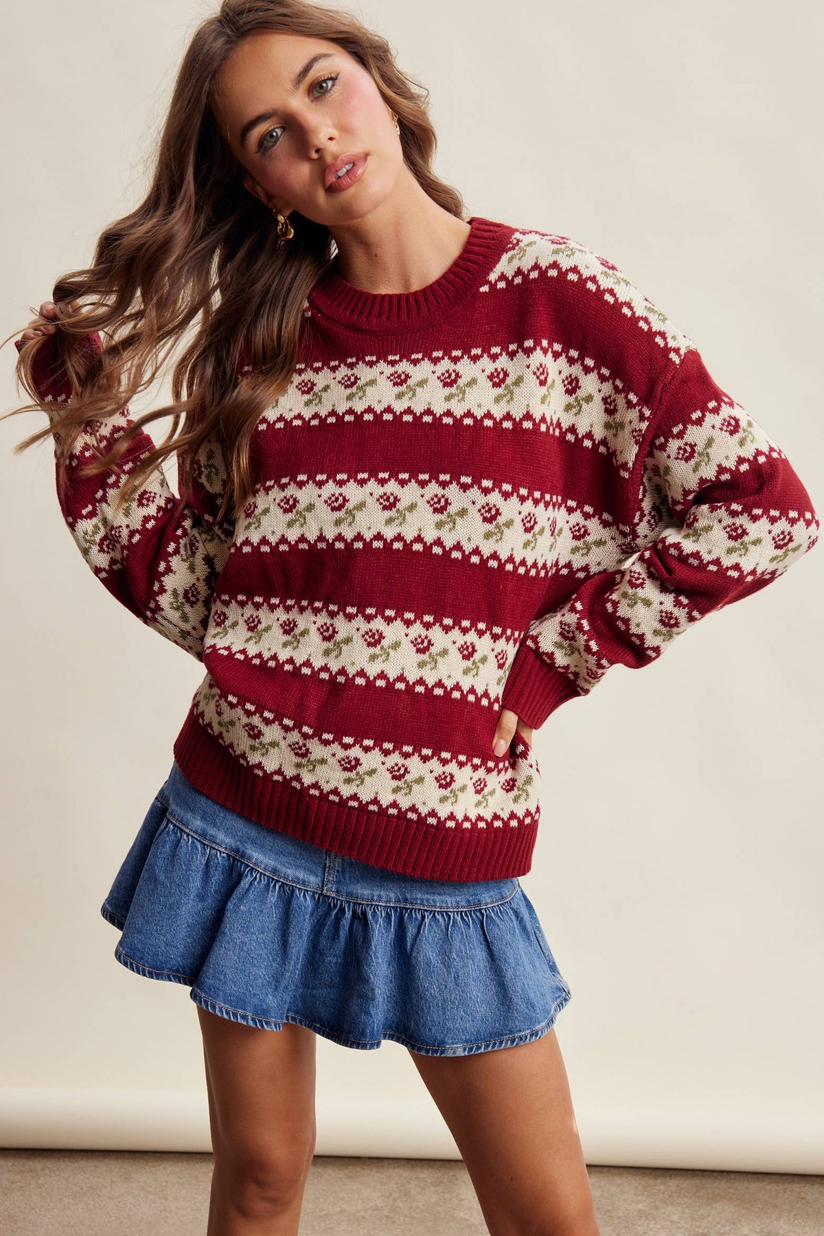 Floral Fair Isle Knit Sweater/Ruby