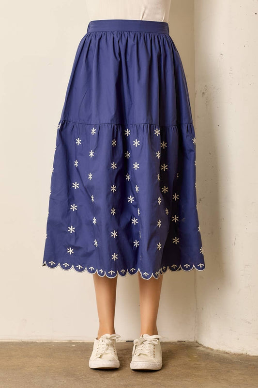 PRINTED FLORAL MIDI SKIRT: NAVY LU