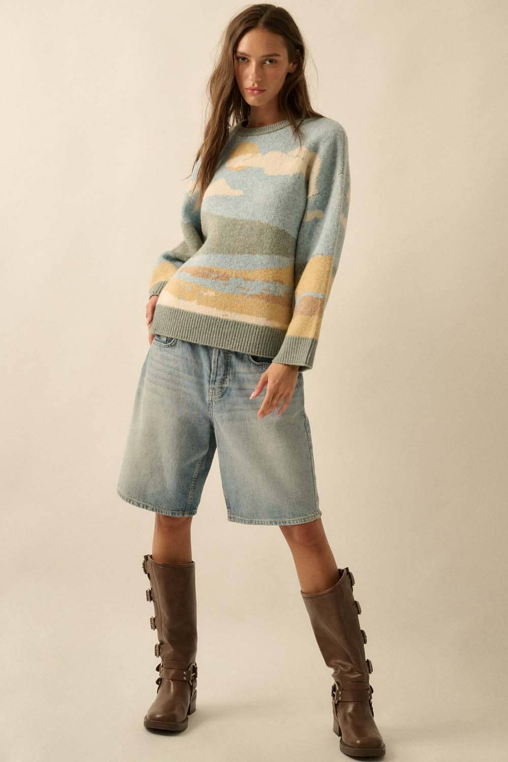 Beach Landscape Jacquard-Knit Sweater: Blue LU