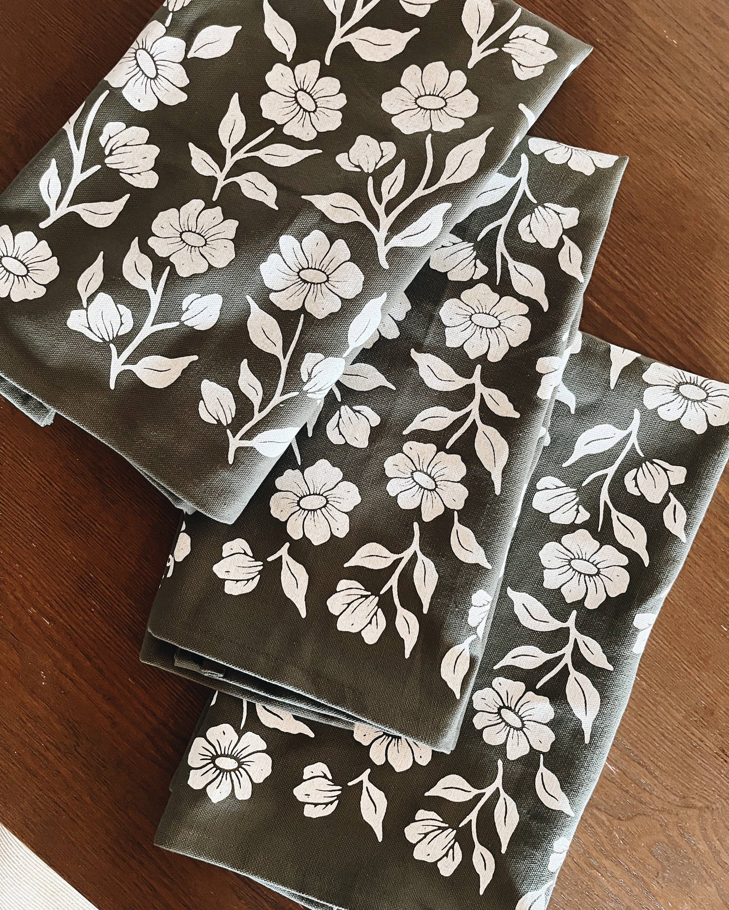 Organic Cotton Tea Towel Floral on Olive