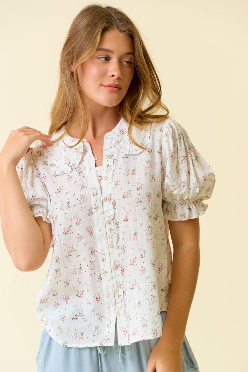 FLORAL PRINT PUFFED SLEEVE BUTTON DOWN TOP - Off White