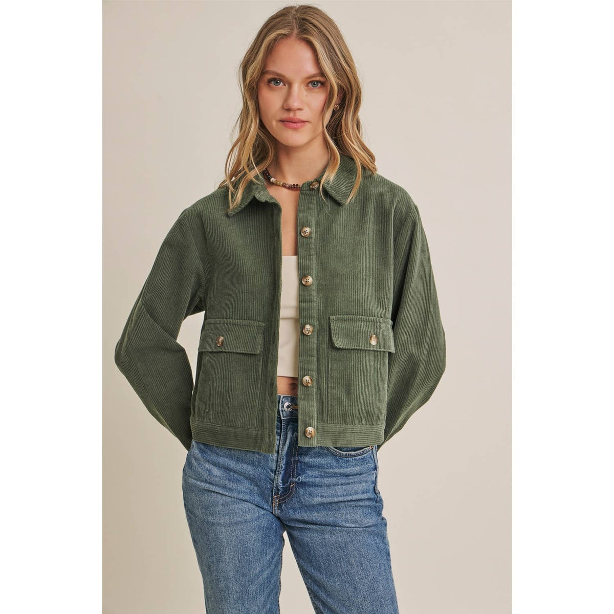 THE WEEKEND ESCAPE COTTON CORDUROY CROPPED JACKET: OLIVE