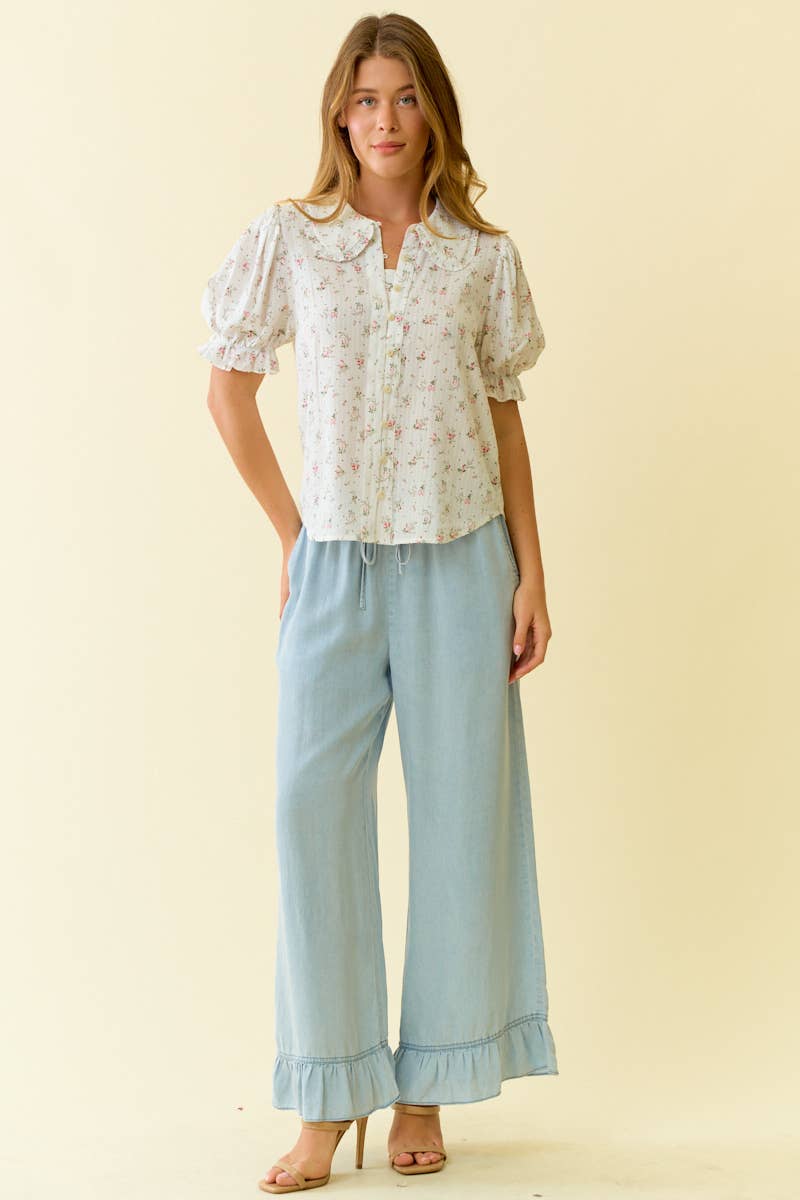 FLORAL PRINT PUFFED SLEEVE BUTTON DOWN TOP - Off White