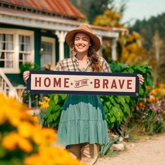 Home of the Brave Felt Banner : Blue Border Red Text