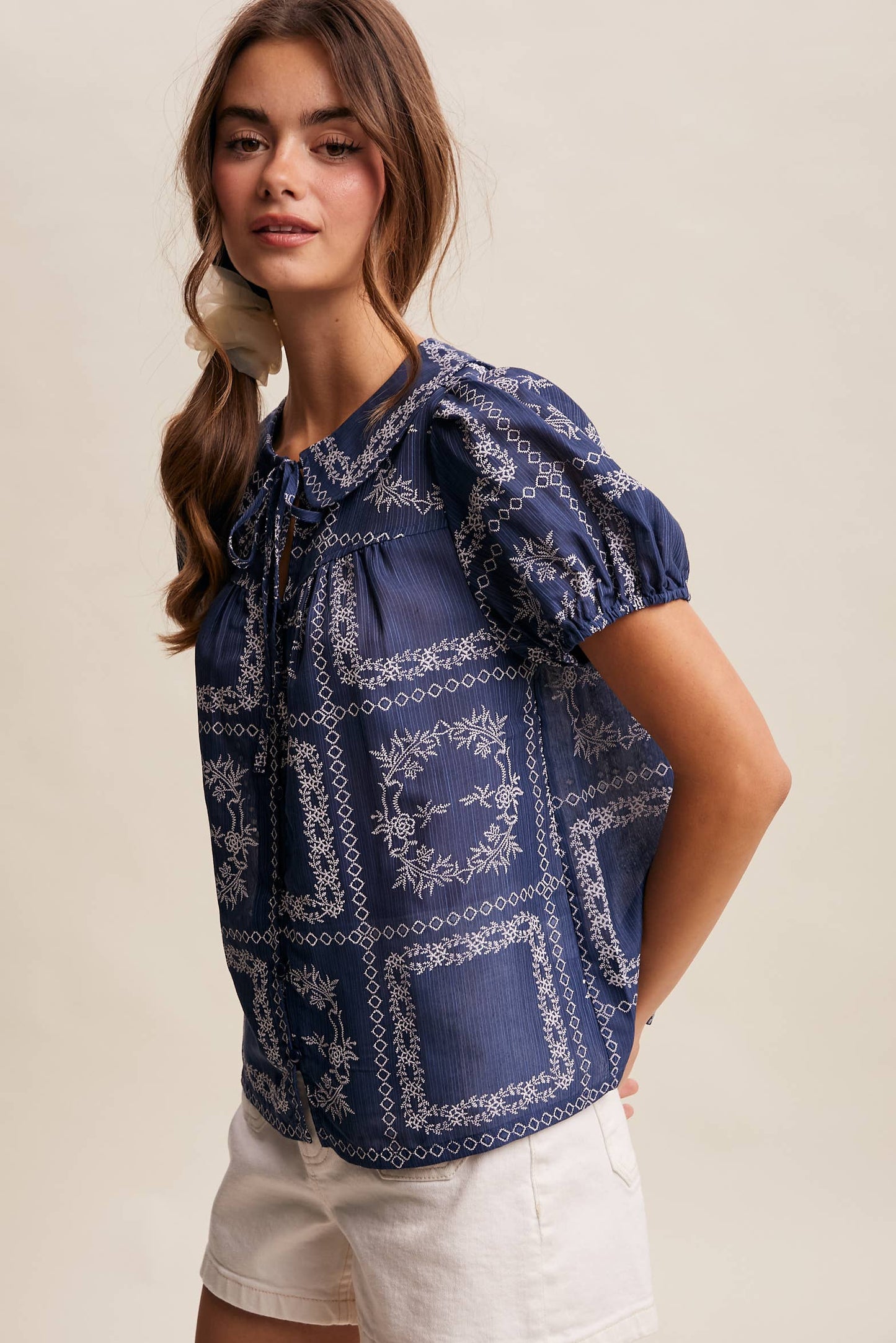 Embroidered Eyelet Puff Sleeve Blouse Navy