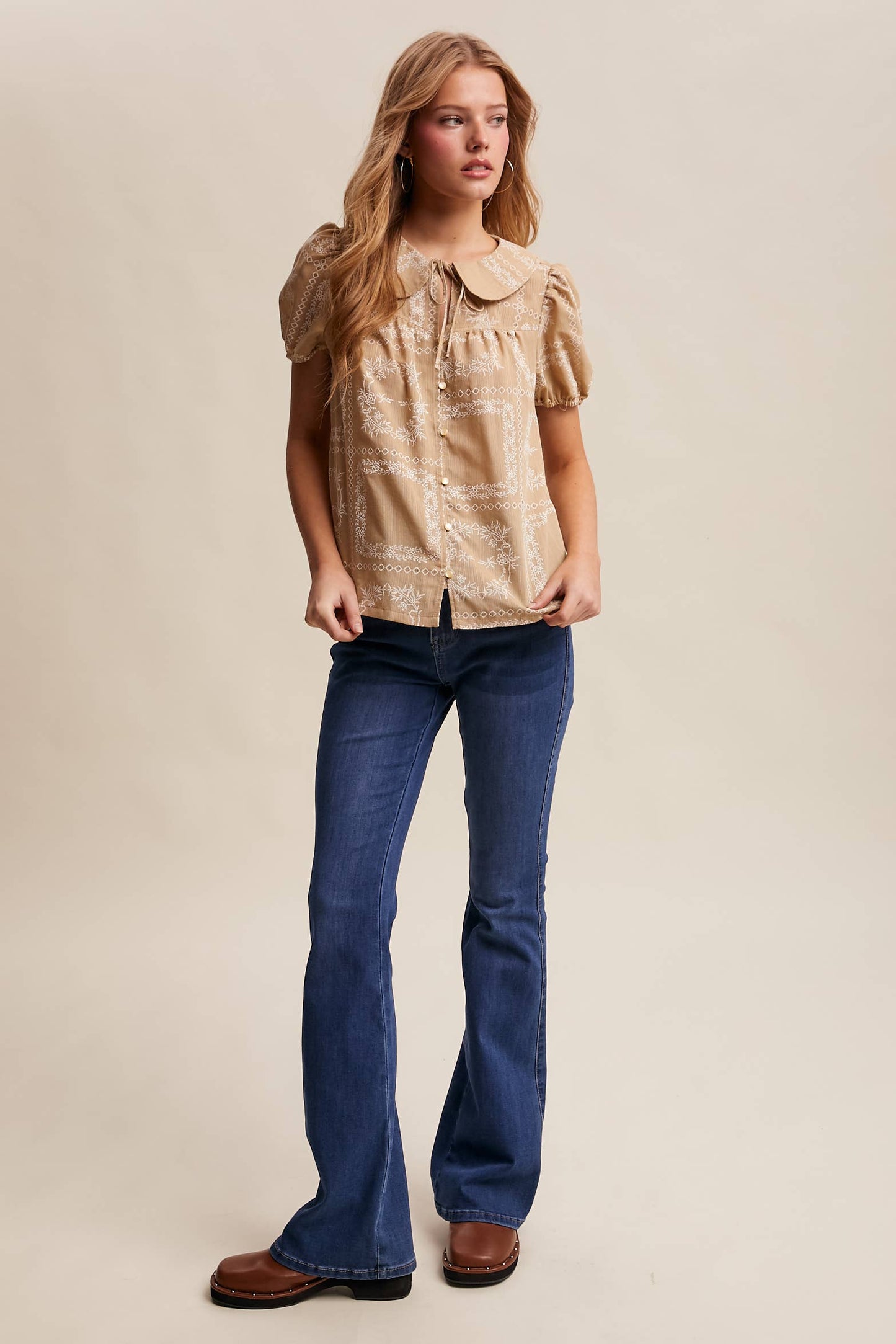 Embroidered Eyelet Puff Sleeve Blouse Navy