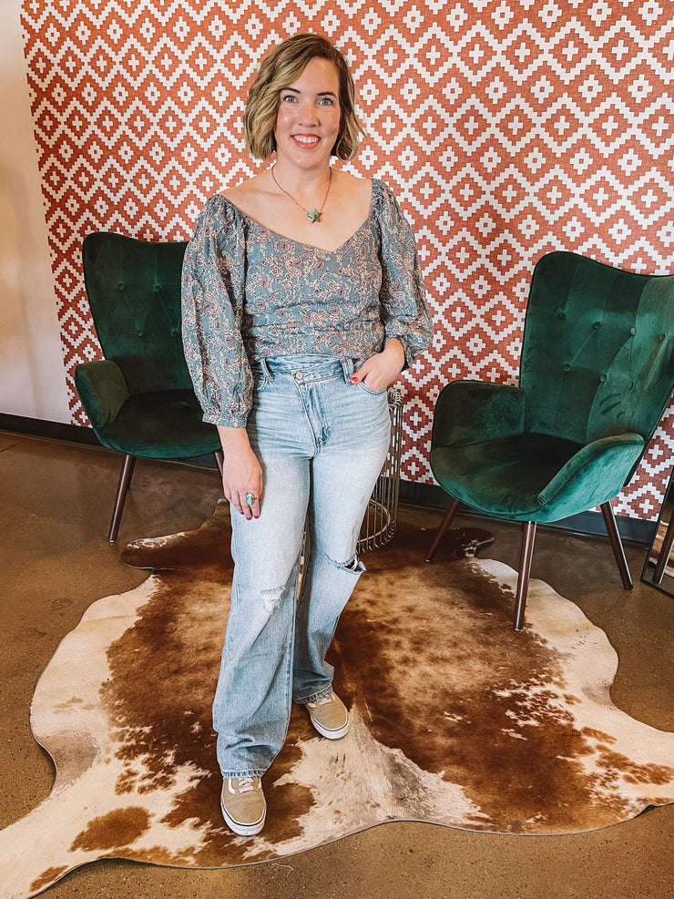 Denim Floral Wrap Top